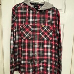 tentree Red and Gray Plaid Hooded Shirt- Mens Size Medium